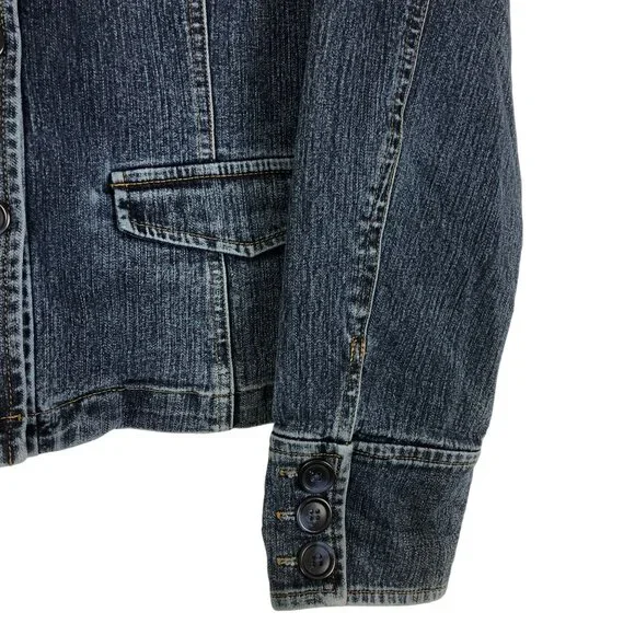 Mossimo Denim Cropped Jacket Sz Medium Mandarin Collar Button-Up Stretch Cotton - Picture 6 of 8